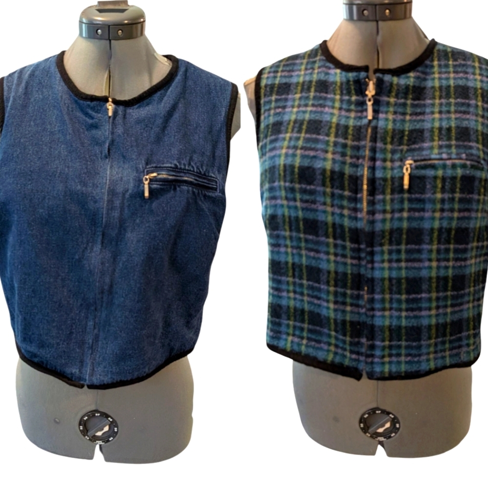 Vintage 90s Y2K‎ Women's Reversible Denim Plaid Wool Jacket Vest Cropped Fit